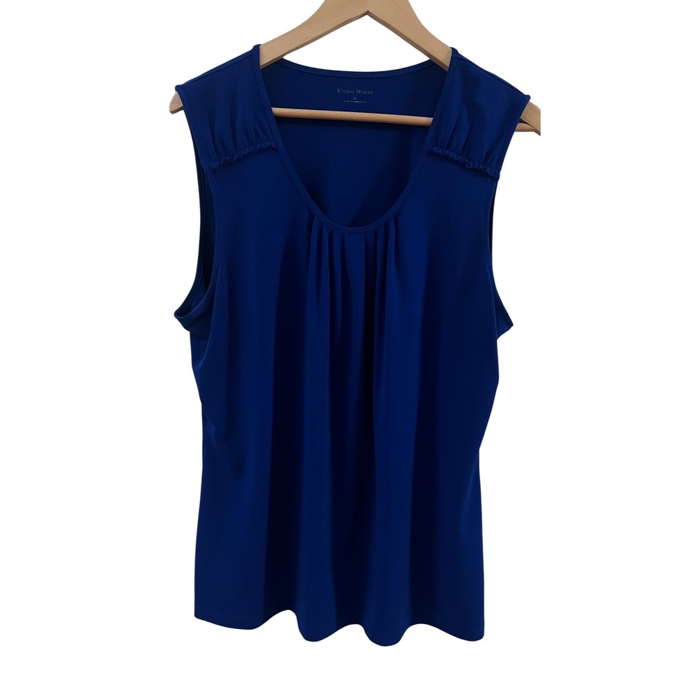 Studio Works Sleeveless Top Women XL Royal Blue Pleated Ruffle Nice! Preowned